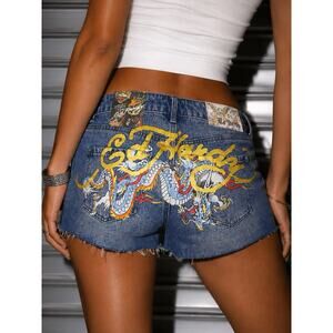 Ed Hardy Denim Cutoff Shorts Y2K Dragon Graphic Embroidered Blue Women L Tattoo